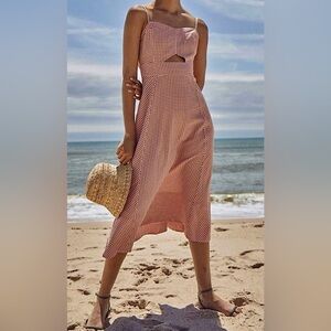 Hunter Bell Red Orange White Gingham Cut Out Sweetheart Neckline Midi Dress